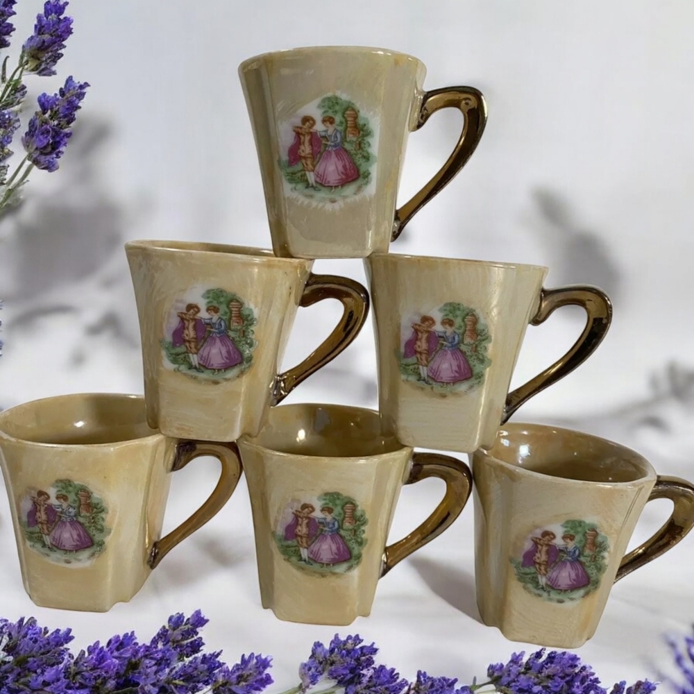 Vintage Japanese Lusterware Porcelain 6 Pc Tea Cup Set